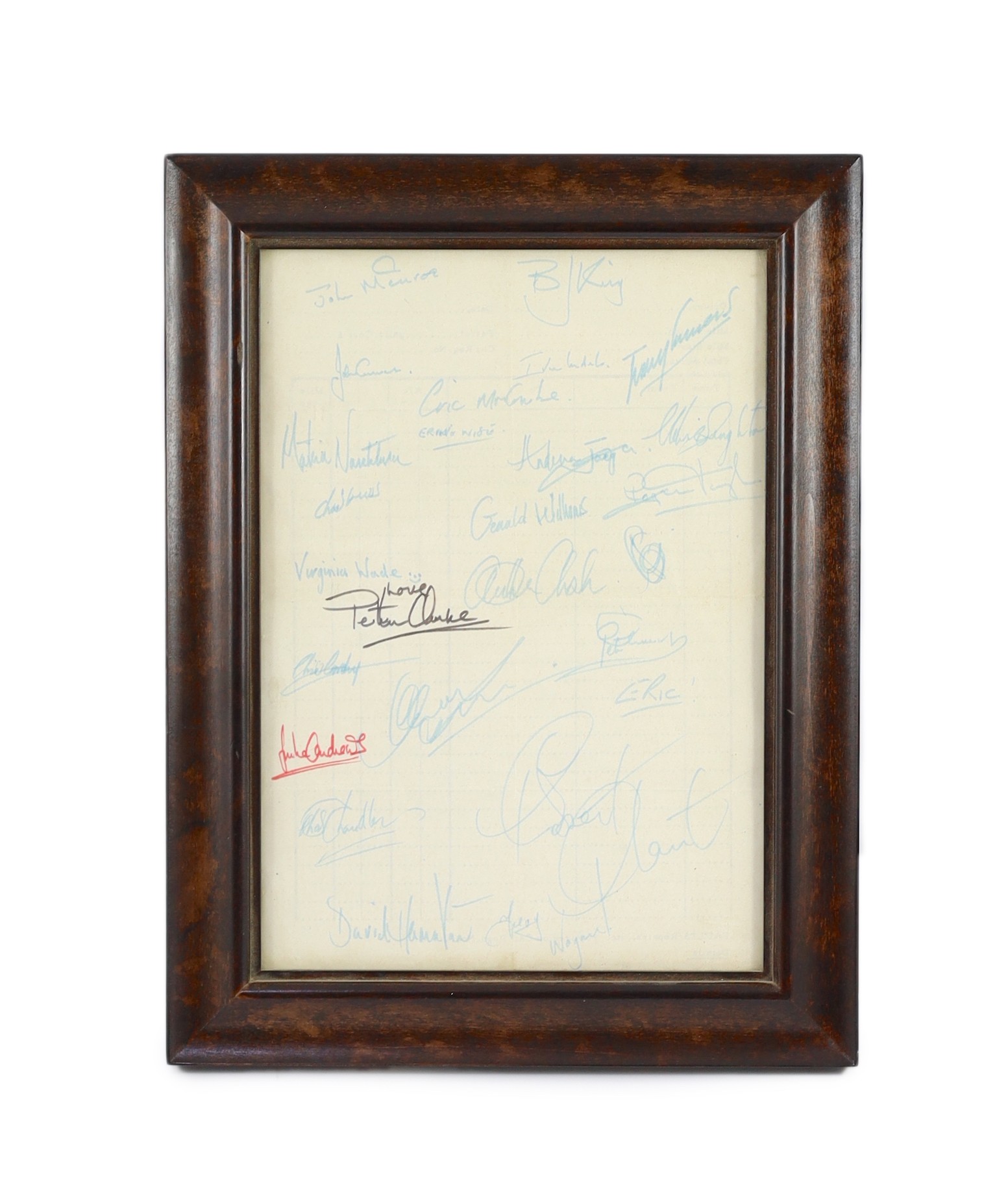 Framed autographs including Virginia Wade, Terry Wogan, Ernie Wise, Eric Morecambe John McEnroe, Julie Andrews etc., 20 cms wide x 28.5 cms high